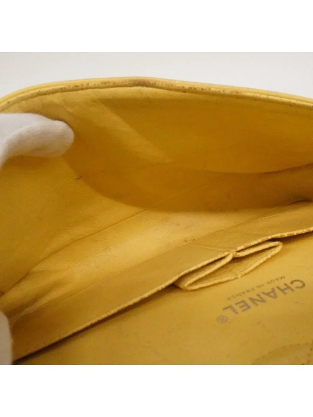 Chanel Shoulder Bag Quilted Patent Leather Yellow Silver